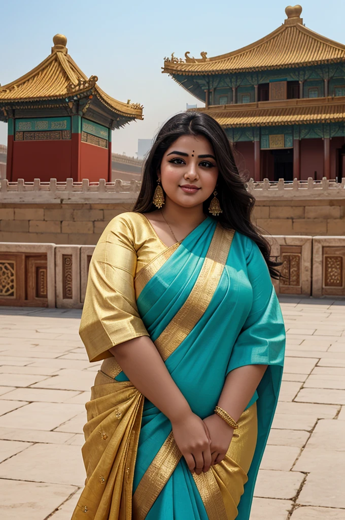 1 Heavenly beautiful and goddess beauty cute and sweet looking face Arabian female in front of Forbidden City, China, Heavenly beautiful Overweight, Heavenly beautiful Extremely fat, Heavenly beautiful and attractive Chubby figure , Heavenly beautiful looking and eye catching luxury style Kancheepuram Saree , reaching out, Heavenly beautiful Arabian woman, 16k, High resolution, masterpiece, highest quality, fine skin, outside view, Realistic Photograph