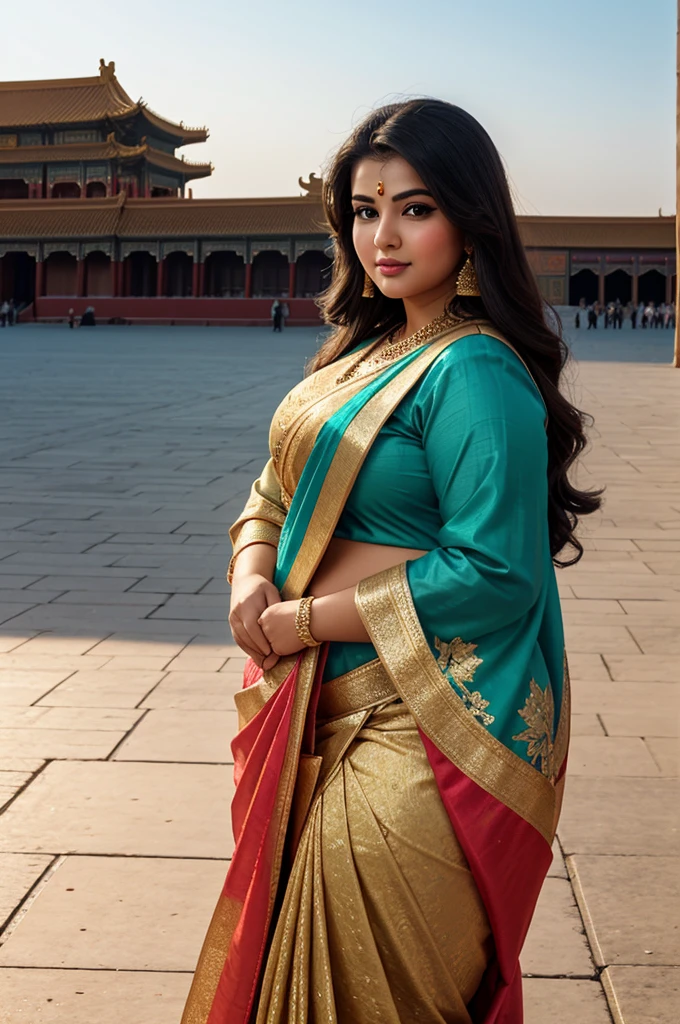 1 Heavenly beautiful and goddess beauty cute and sweet looking face Arabian female in front of Forbidden City, China, Heavenly beautiful Overweight, Heavenly beautiful Extremely fat, Heavenly beautiful and attractive Chubby figure , Heavenly beautiful looking and eye catching luxury style Kancheepuram Saree , reaching out, Heavenly beautiful Arabian woman, 16k, High resolution, masterpiece, highest quality, fine skin, outside view, Realistic Photograph