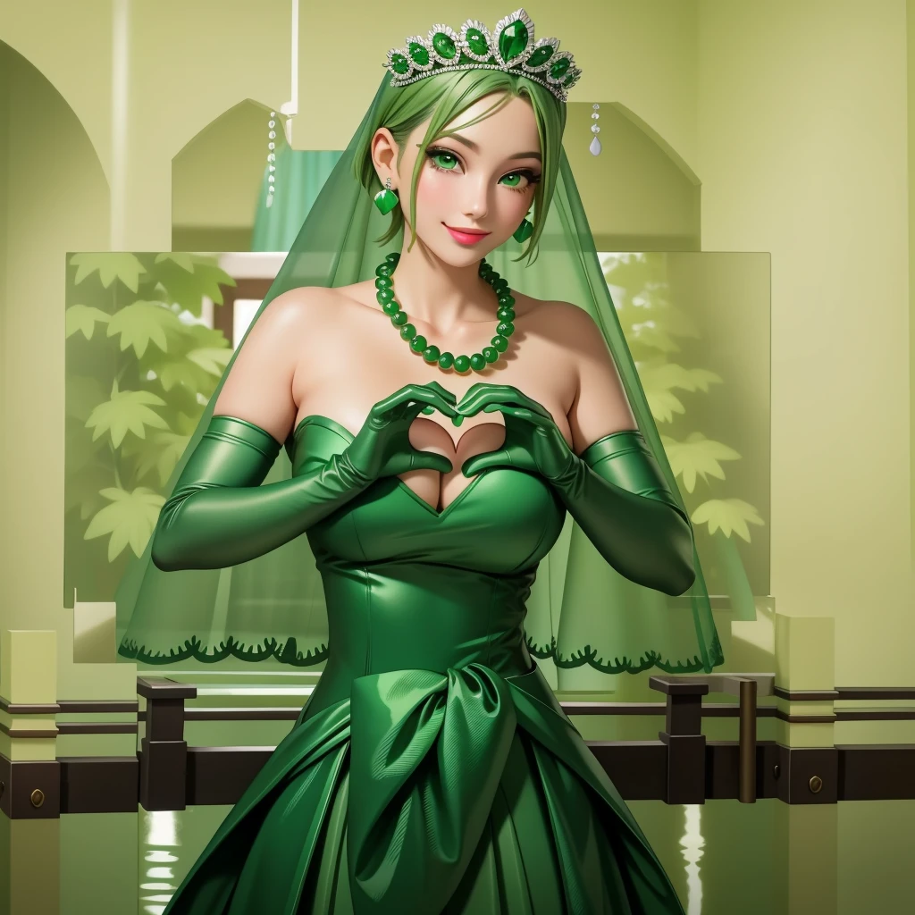 Emerald tiara, Green Pearl Necklace, ボーイッシュな非常に短いGreen Hair, Green Lips, Smiling Japanese woman, Very short hair, Busty beautiful lady, Green Eyes, Green satin long gloves, Green Eyes, Emerald Earrings, Green veil, Heart with both hands, Green Hair, Beautiful Japanese Woman, Heart shaped hands:1.3, green lip gloss