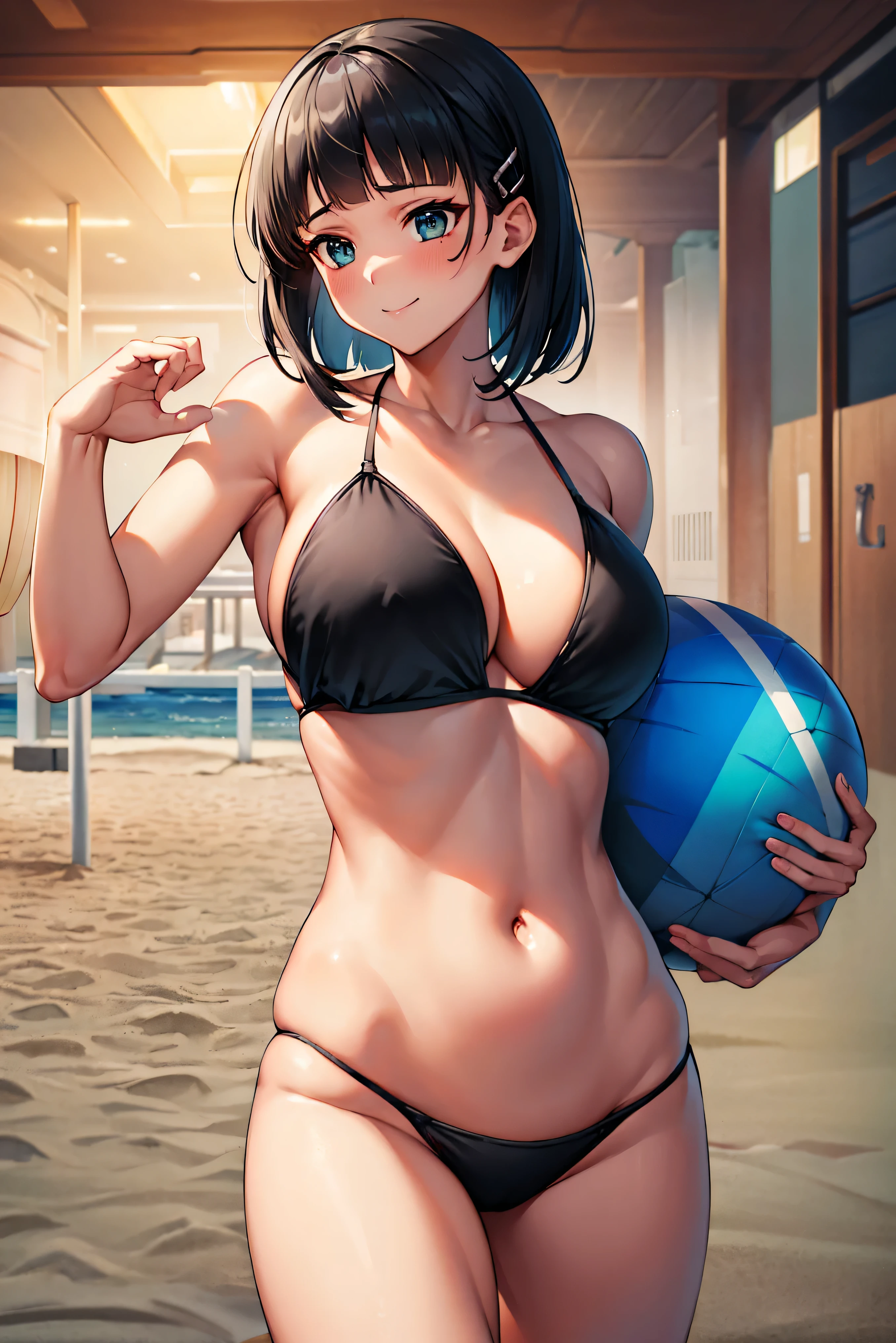 Best Quality, High resolution, Unity 8k Wallpaper, (Illustration:0.8), Perfect Lighting, extremely details CG, (Perfect hands, Perfect Anatomy),masutepiece, Best Quality, hight resolution, nffsw, Short hair, hair clips, Large breasts,  embarrassed, Blushing, A smile,  Looking at Viewer,  (Black Bikini:1.3)、(the beach:1.3)、