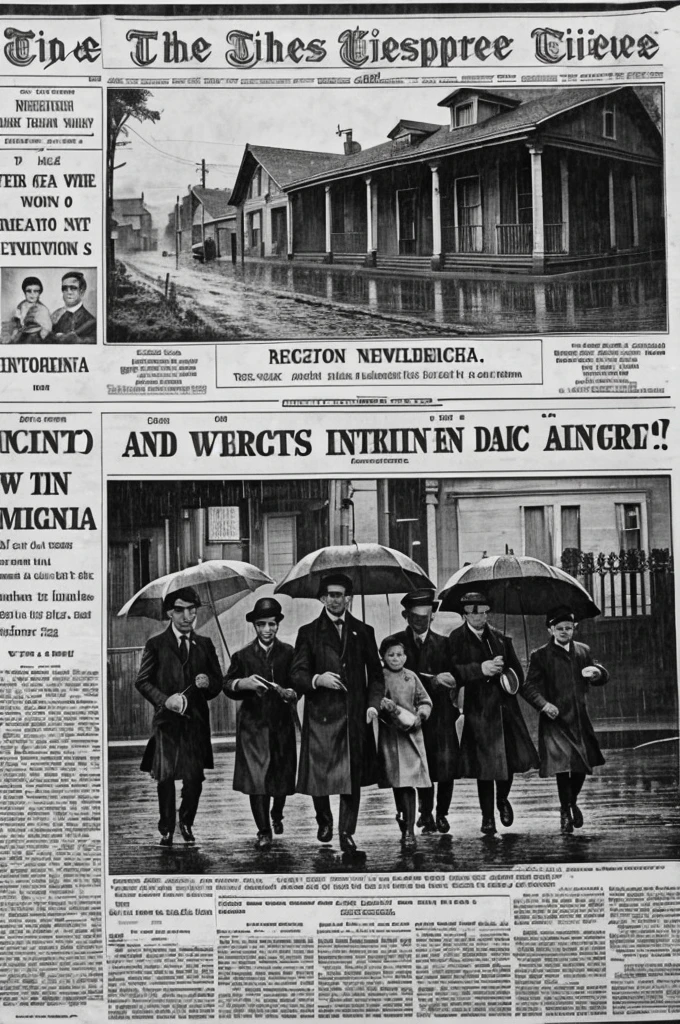 make a picture of a newspaper(old type 1885 from Argentina where the only legible text is one that says five babies disappear from their home in the middle of the night)(that it rains and that the newspaper is lying on a street)(no photos just text)(make it cartoony black and white sketch type)(that in the background it rains and there is a storm and that the newspaper gets wet and cars pass by)
