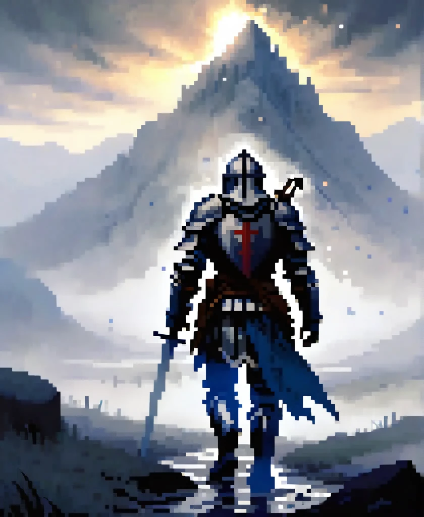 In the midst of a fog-laden battlefield, a valiant knight clad in battered armor crawls painfully through the mud, arrows protruding from his back. The looming silhouette of a foreboding mountain stands in the distance, shrouded in mist and mystery, offering a glimmer of hope amidst the chaos and despair.