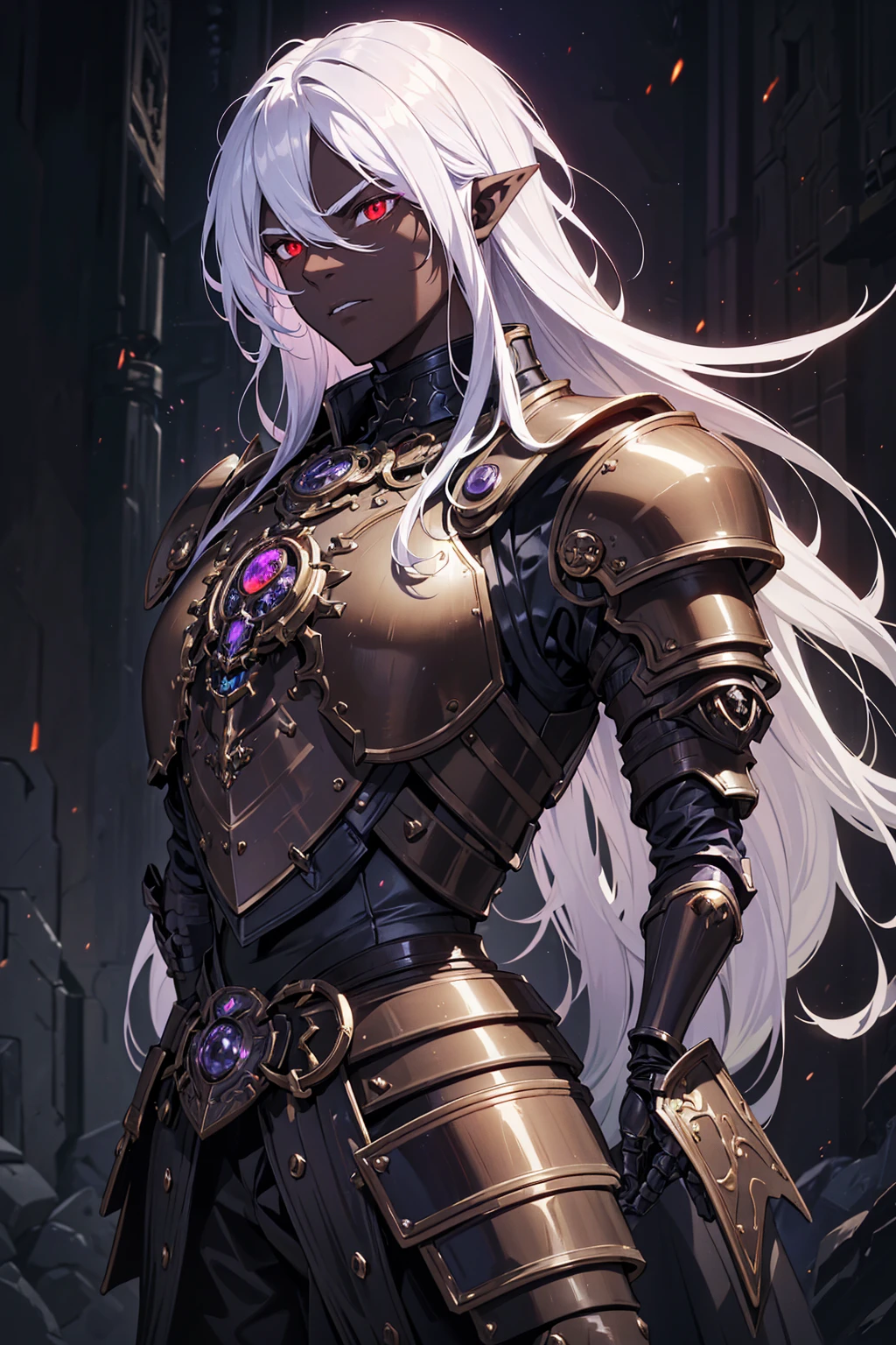 masterpiece, best quality, ultra high res, dark theme, 1boy, (dungeonpunk armor), (mechanical steampunk armor), (wearing armor), fantasy illustration, dark skinned, human, upper body, portrait, red eyes, long white hair, half-drow, pointy ears, serious face, young man, dramatic lighting, purple hue, art by Kinema Citrus, similar image