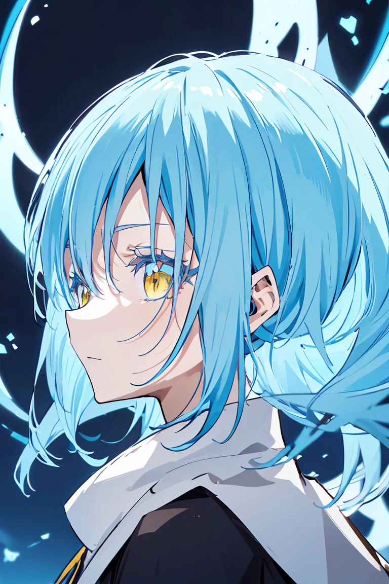 anime boy with interesting hair and a dress standing in front of a dark background, artwork in the style of Guweiz, profile of anime boy, portrait anime boy, beautiful anime portrait, looking to the viewer, Rimuru Tempest, blue hair, yellow eyes, male characteristics, detailed, high quality, high resolution, masterpiece, best quality