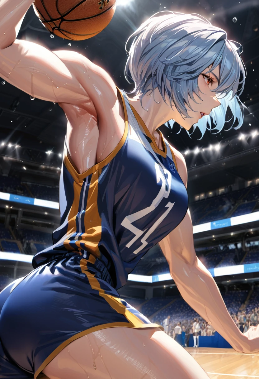 (Mastepiece, best quality, absurdres), close up shot, 1girl, ayanami rei, light blue hair, short hair, mature female, holding a basketball in hand, wearing a basketball jersey, basketball court, looking at wiewer, sweating, toned body, medium boobs, big ass, 8k intricate illustration, dynamic pose, cinematic lighting, volumetric lighting, vibrant colors, ray tracing, intricate details, 