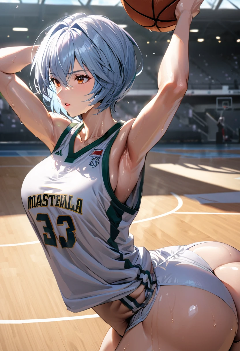 (Mastepiece, best quality, absurdres), close up shot, 1girl, ayanami rei, light blue hair, short hair, mature female, holding a basketball in hand, wearing a basketball jersey, basketball court, looking at wiewer, sweating, toned body, medium boobs, big ass, 8k intricate illustration, dynamic pose, cinematic lighting, volumetric lighting, vibrant colors, ray tracing, intricate details, 