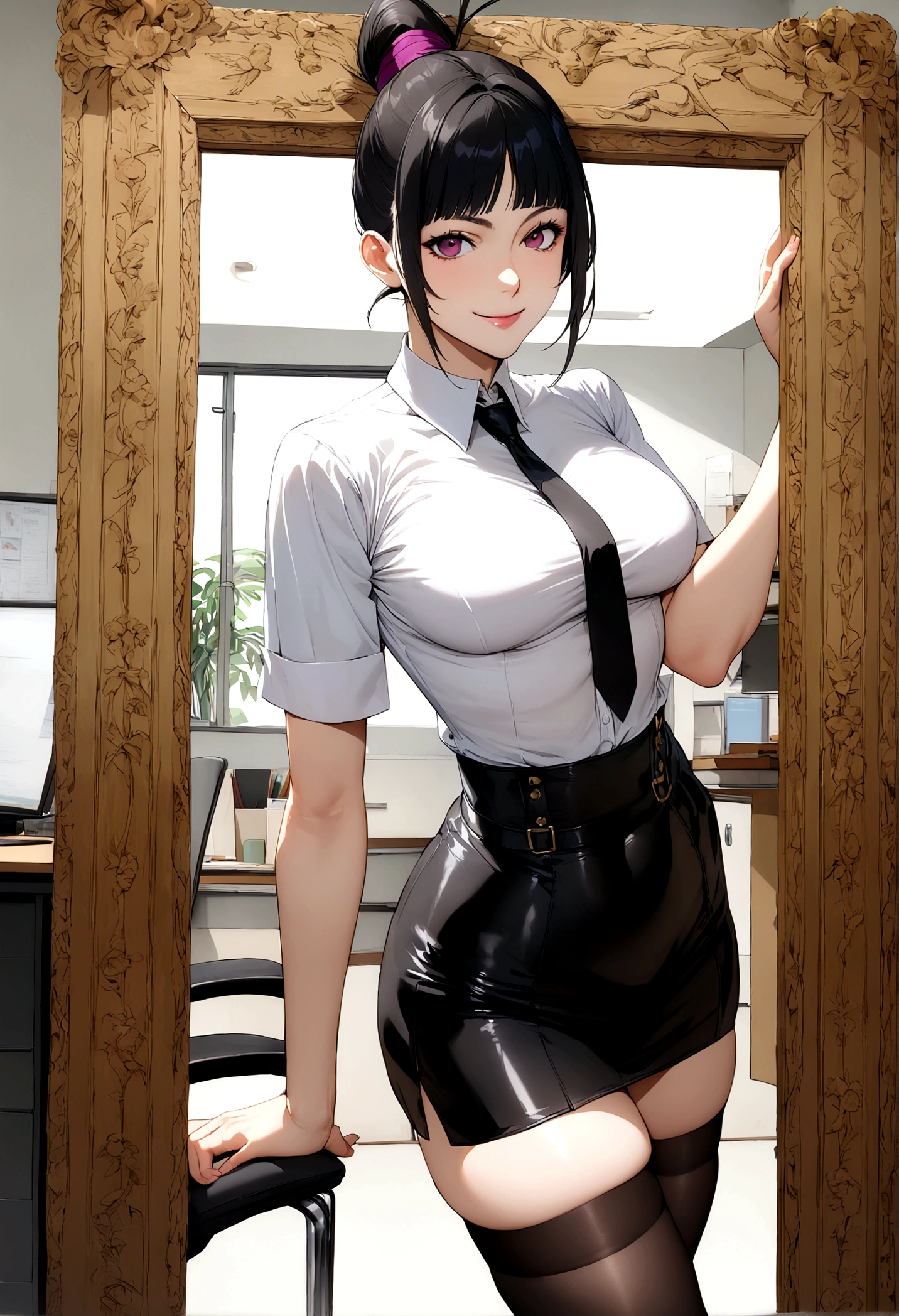 juri han, work of art, tight white secretary shirt with black tie, black high waist skirt, short skirt,stocking, black hair, black tights, smile,office,franja nos olhos,iluminação,chifre de cabelos,visão de cima,olhando para cima,olhar serio
