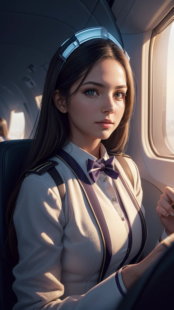 best qualityer,(CRU photo:1.2),(work of art:1.4),(photorrealistic:1.4),(high resolution:1.4), 1 girl, Depth of field, flight attendant, intrincately detailed,8K, extremely detaild, perfect lighting, epic background