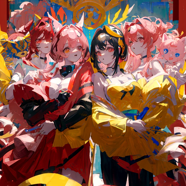 getting drunk、Outrageous resolution、hight resolution、(​masterpiece:1.4)、ultra-detailliert、Crisp details、Dramatic and photorealistic pictorial art、Super Sentai Serieegaranger、Hero Mask、（reddish、verdant、A black、amarelo、pink there、Fivesome）Righteous heroes、Decide on a transformation pose、