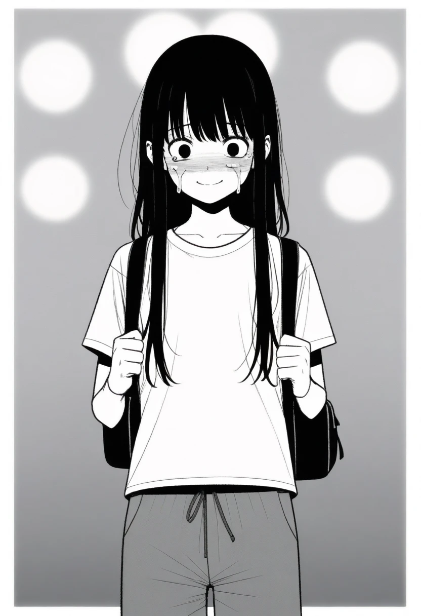 masterpiece, best quality, 1girl, mamerakkkkko, grayscale, manga style, japanese, chi no wadachi, black eyes, street, iced, black hair, schoolbag, smile, lineart, white background, white shirt, grey shorts, centered, 18 years old, tall, fair skinned, bokeh background, crying, tears, straight-on, tears streaming