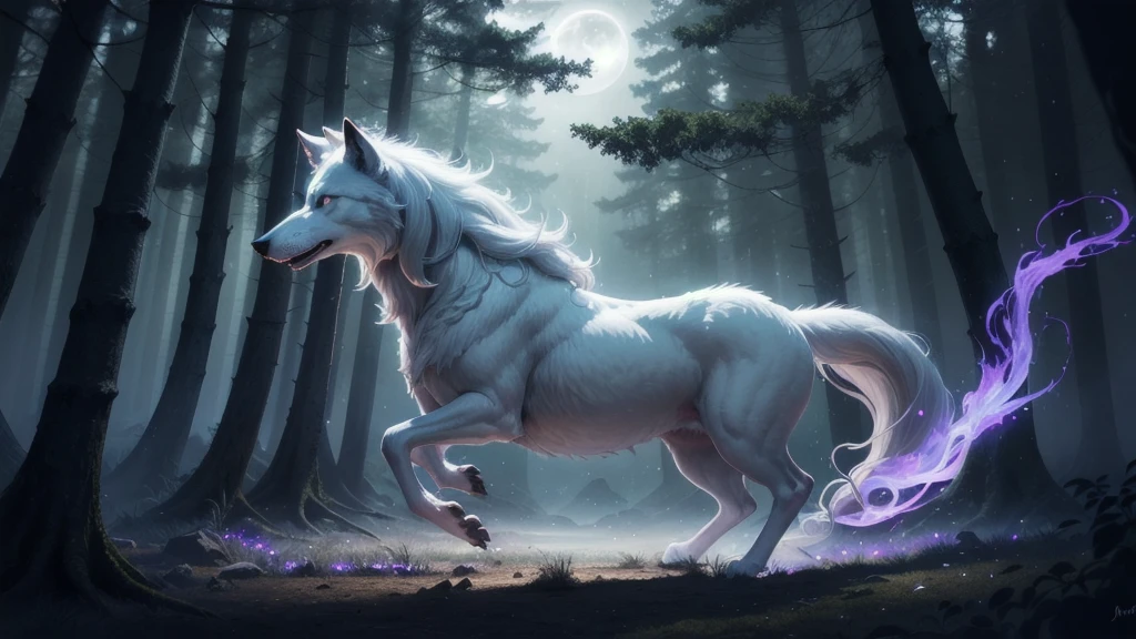 1 Big Wolf, mythical creature, nine tails, (glowing eyes:0.9), red fur, elegant posture, (spiritual aura:1.2), flowing mane, (floating in the air:1.3), mysterious, (wisdom:1.1), seductive, (enchanted forest background:1.4), moonlit night, magical, ancient, (ethereal glow:1.2), (translucent tails:1.1), mythical powers, (misty atmosphere:0.8), divine, (celestial beings:1.3), (fierce protector:1.2), alluring, (fading into shadows:0.9).