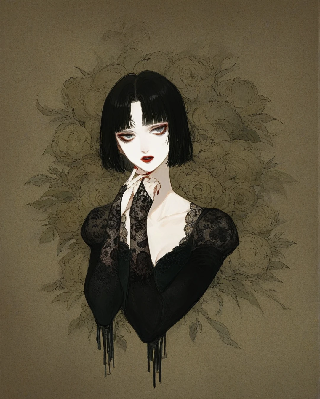 amano yoshitaka, a full-body, high-resolution anime style of a rebellious age female goth with short curly black hair, thin face, intense red lips, gothic fashion, inspired by the works of Yoshiaki Kawajiri, vibrant and edgy, with dramatic lighting and dynamic composition