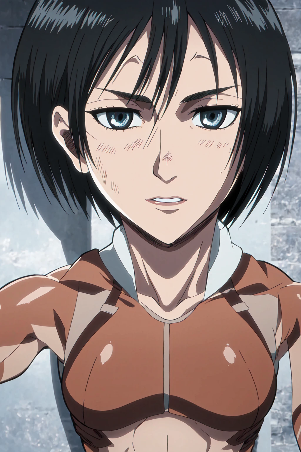 1girl,ultra high details, ultra high auality,(highly detailed face)1.2,(high quality of face)1.3,Mikasa Ackerman,highly detailed abs,perfect female anatomy, best quality of shadows,highly detailed muscles,beautiful face,volume shadows