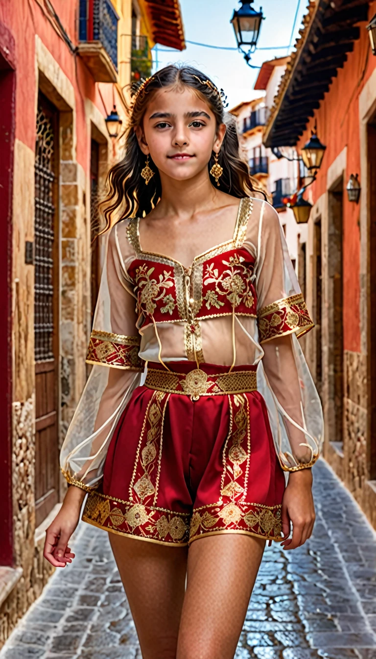 Spanish beautiful  girl ,13 years old, in short transparent  traditional clothes, red golden intricate ornaments, in a spanish oldtown,full body,8k ,upskirt, unbuttoned, erotic ,subjects in her hand 