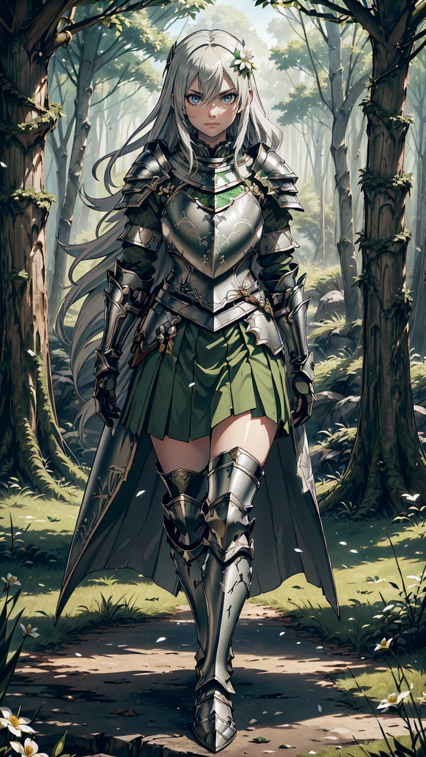 最high quality、Ultra High Definition, Ultra High Quality, Hyper Definition, Hyper Quality, Hyper Detailed, Extremely Detailed, Perfectly Detailed, Best image quality、masterpiece、woman((20-year-old、Full Body,  Noble Armor, Green glowing eyes, Silver long Hair、Disheveled Hair、Long White Hair、thin, Glove、Green Skirt,  Smirk、Sitting, Hair White Flower Barrette、Armored With Full Coverage Noble Plate Armor, Leg Armor,)),high quality、Beautiful art、background(Forest Panoramic Background))、Written boundary depth、movie、Visual Arts、Perfect art、8K,Genuine、