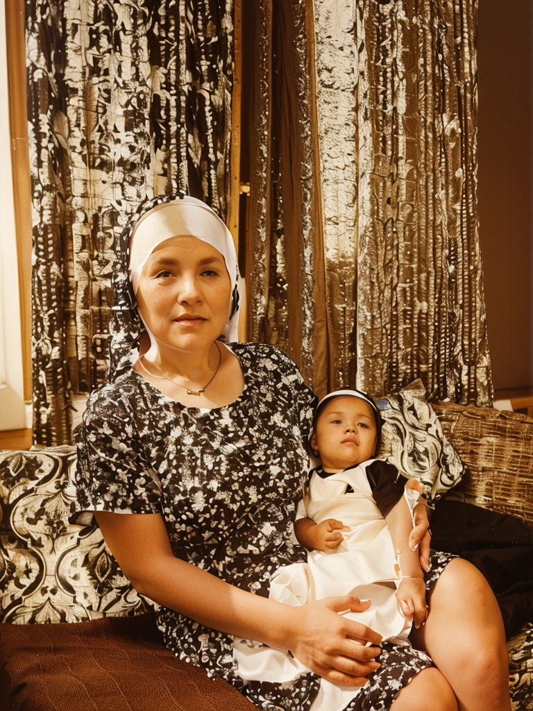 Woman dressed as a nun,sitting down carrying a baby