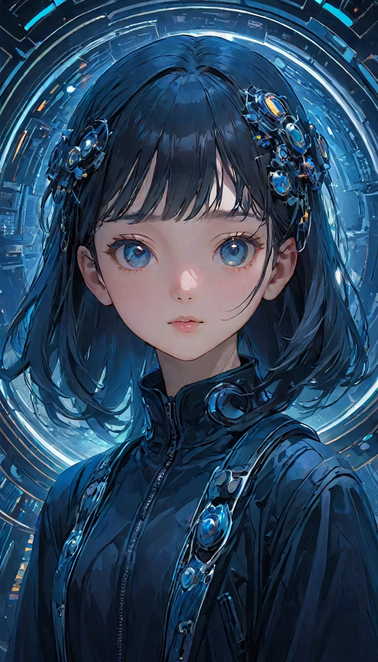 future world,人工知能のPerfectな例,5143 and later, 8K, Very detailed , Perfect，Extremely detailed face，16 year old girl，Eight-head body，#13: Silky Light Blue Hair，little girl，Futuristic Background，Night battle，Smile，((Wear a khaki military jacket,Japanese representative jacket、With flag patch))、(Blade World)、(((outdoor,remains、A city full of rubble)))