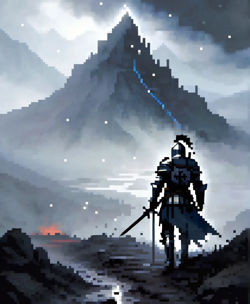 In the midst of a fog-laden battlefield, a valiant knight clad in battered armor crawls painfully through the mud, arrows protruding from his back. The looming silhouette of a foreboding mountain stands in the distance, shrouded in mist and mystery, offering a glimmer of hope amidst the chaos and despair.