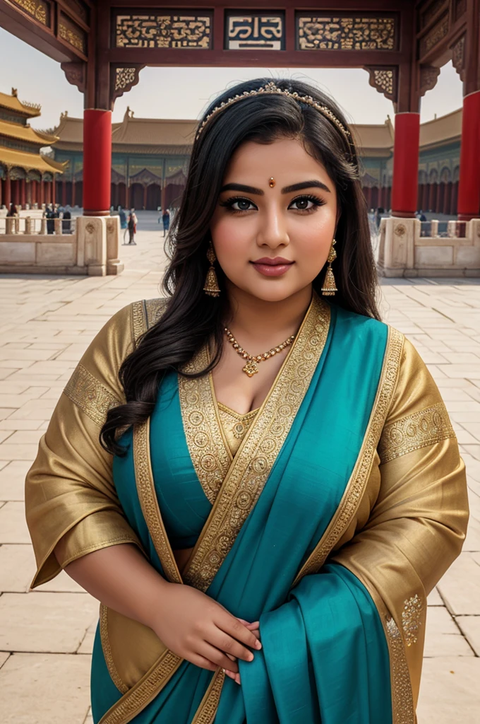 1 Heavenly beautiful and goddess beauty cute and sweet looking face Arabian female in front of Forbidden City, China, Heavenly beautiful Overweight, Heavenly beautiful Extremely fat, Heavenly beautiful and attractive Chubby figure , Heavenly beautiful looking and eye catching luxury style Kancheepuram Saree , reaching out, Heavenly beautiful Arabian woman, 16k, High resolution, masterpiece, highest quality, fine skin, outside view, Realistic Photograph