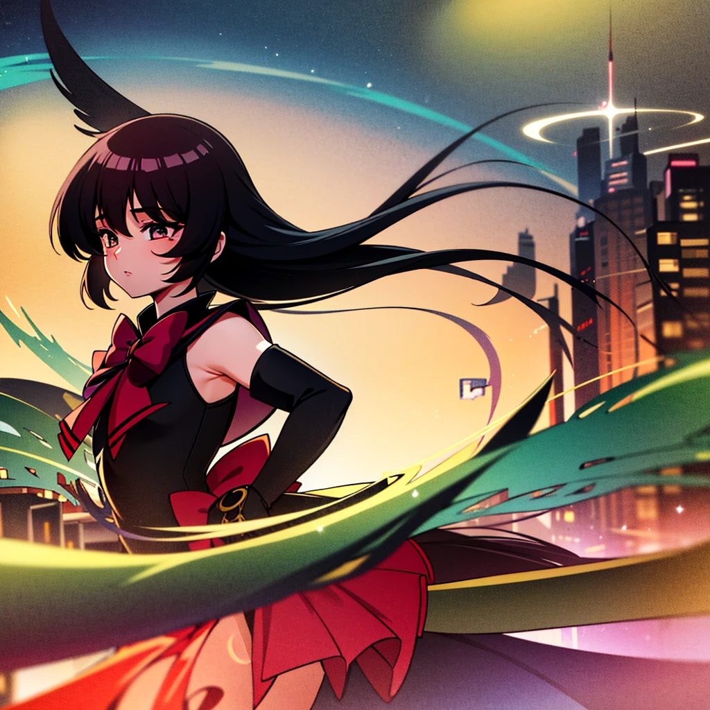 1 girl, attractive body, Bblack hair, city destroyed, detailedeyes, hand and arm, flegs, masterpiece, perfect, Magical Girl, Shoujo, Machimaho, Magical Girl Holy Shit