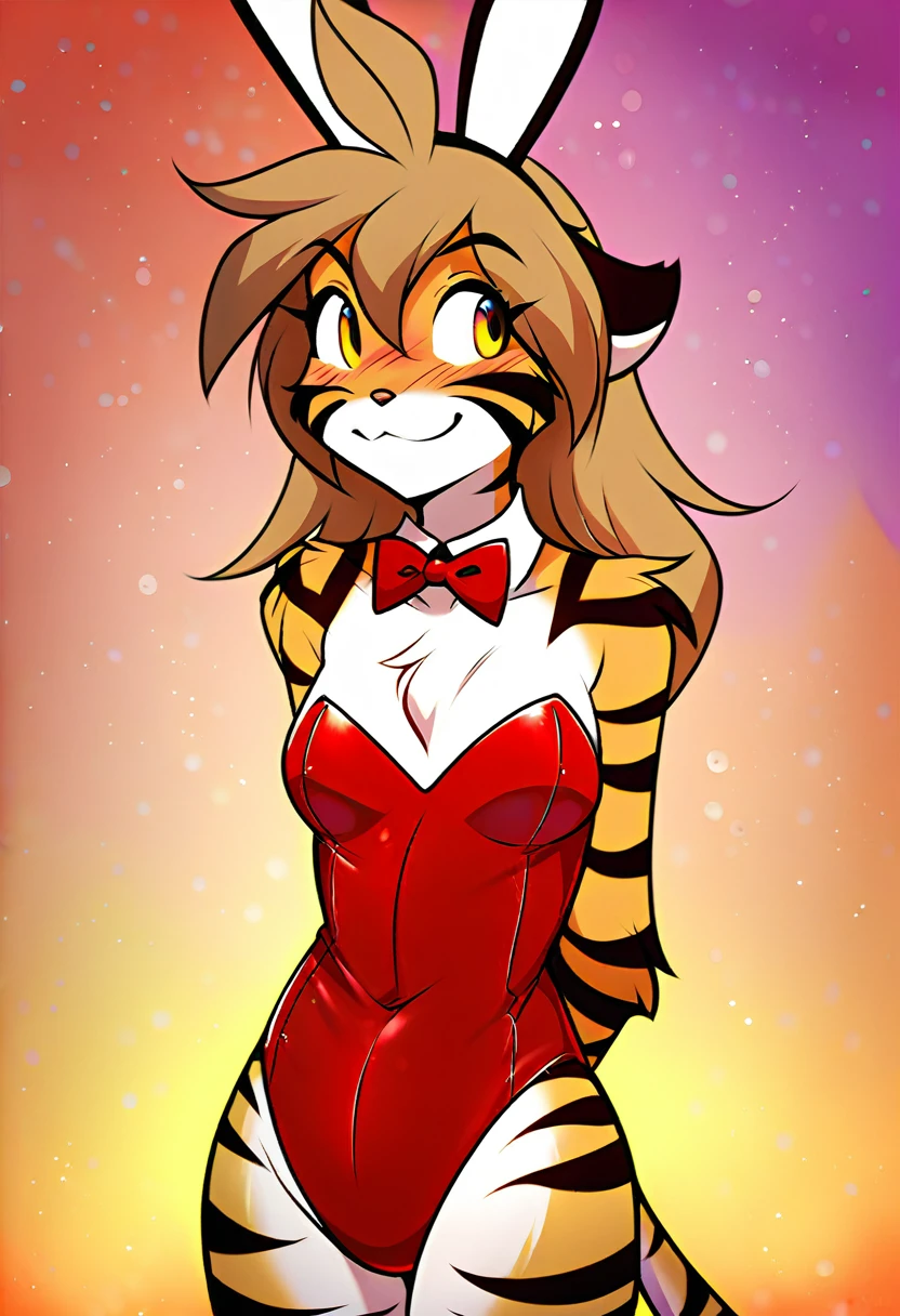 score_9, score_8_up, score_7_up, score_6_up, score_5_up, score_4_up, source_furry, a female anthro fluffy, female, furry, anthro, tkflora, tiger, striped fur, keidran, yellow eyes, solo, small breasts, anthro, (blush, looking away, hands behind back:1.15), light smile, playboy bunny suit, detailed background, front view