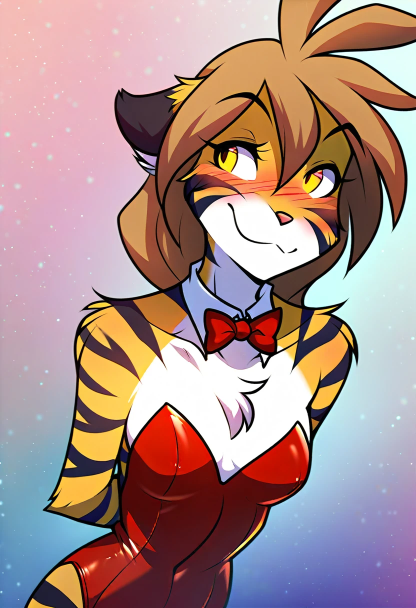 score_9, score_8_up, score_7_up, score_6_up, score_5_up, score_4_up, source_furry, a female anthro fluffy, female, furry, anthro, tkflora, tiger, striped fur, keidran, yellow eyes, solo, small breasts, anthro, (blush, looking away, hands behind back:1.15), light smile, playboy bunny suit, detailed background, front view