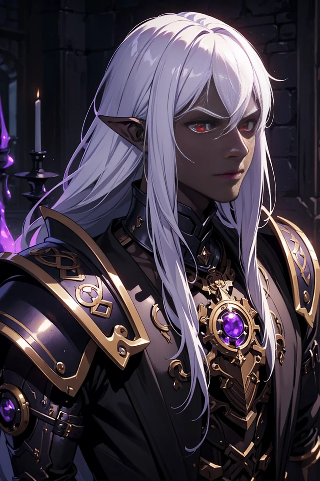masterpiece, best quality, ultra high res, dark theme, 1boy, (dungeonpunk armor), (steampunk armor), (wearing armor)fantasy illustration, dark skinned, human, upper body, portrait, red eyes, long white hair, half-drow, pointy ears, serious face, young man, dramatic lighting, purple hue, art by Kinema Citrus