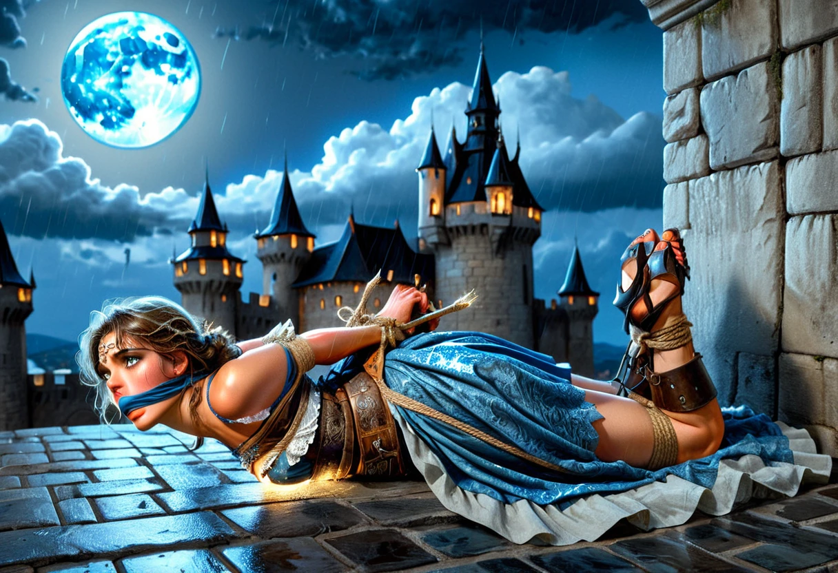 Graphics novel illustration, best quality, high resolution, 8k aesthetic, mesmerizing celestial moonlight, Over the walls of a large castle. A beautiful young woman in a short (Armored Dress), hogtied&gagged, ((laying on stomach)), short skirt, feet bound, feet up, ankles bound, lift skirt, sandals, hands together elbows apart, feet linked to shoulders, (otm gag:1.5). Large walls in the background, bound with jute rope. The cloudy sky breaking to reveal the blue moon. Rain is pouring across the landscape as heavy wind blows the banners at the crenellations. lightning strikes in the background directly hyper realistic. Epic scene like a dream. The world is majestic and darkess is about to prevail. Beautiful masterpiece of art.. beautiful contrast of the light along the walls which has an incredible reflection. Laying on walls. dress made of iron on the female. high aspect ratio. beautiful composition. detailed textures. beautiful detailed moon.