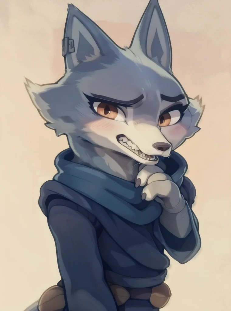 (shading,),  masterpiece, highres,  by Cumbread, by Haps, by Claweddrip, by Buta99), solo female (legoshi (beastars)), short hair,diagonal_bangs,orange eyes,slit pupils,big_eyes,long eyelashes,mole under eye,white fur,red dress, pokies,blush,evil grin,open mouth,looking at viewer,white background, full_body,wide_hips, high quality, best quality, uhd, detailed image, blush, 