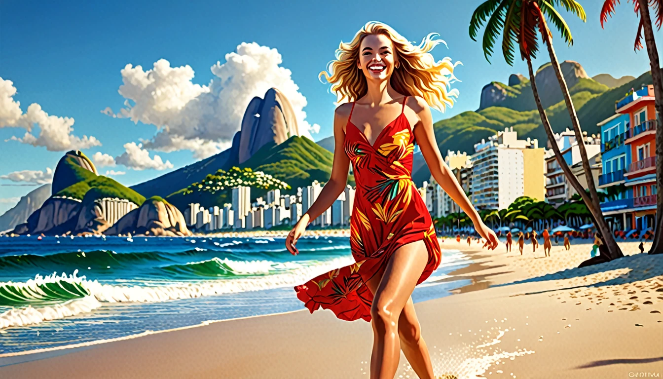 An enchanting cinematic illustration of a young woman, the "Girl from Ipanema," strolling along a sun-kissed Brazilian beach. With her golden skin, flowing blond hair, and radiant smile, she captivates the admiring gazes of all who pass by. She gracefully sways to the rhythm of the samba, her vibrant red dress twirling with every step. The background showcases the iconic Ipanema beach, with its colorful murals, palm trees, and azure waves crashing on the shore. The atmosphere is filled with the sounds of laughter and the scent of salt and coconut oil, creating a vivid and unforgettable scene., cinematic, photo, 3d render, illustration