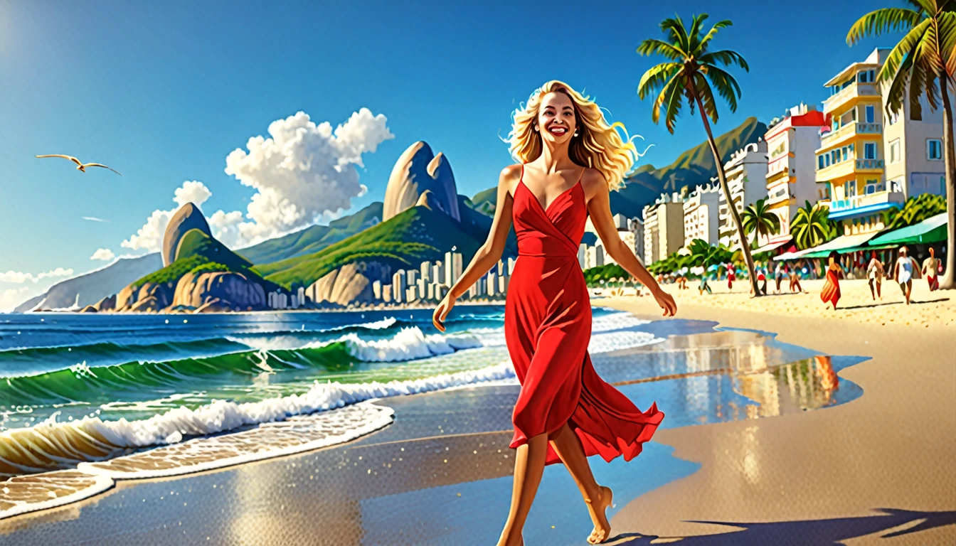 An enchanting cinematic illustration of a young woman, the "Girl from Ipanema," strolling along a sun-kissed Brazilian beach. With her golden skin, flowing blond hair, and radiant smile, she captivates the admiring gazes of all who pass by. She gracefully sways to the rhythm of the samba, her vibrant red dress twirling with every step. The background showcases the iconic Ipanema beach, with its colorful murals, palm trees, and azure waves crashing on the shore. The atmosphere is filled with the sounds of laughter and the scent of salt and coconut oil, creating a vivid and unforgettable scene., cinematic, photo, 3d render, illustration