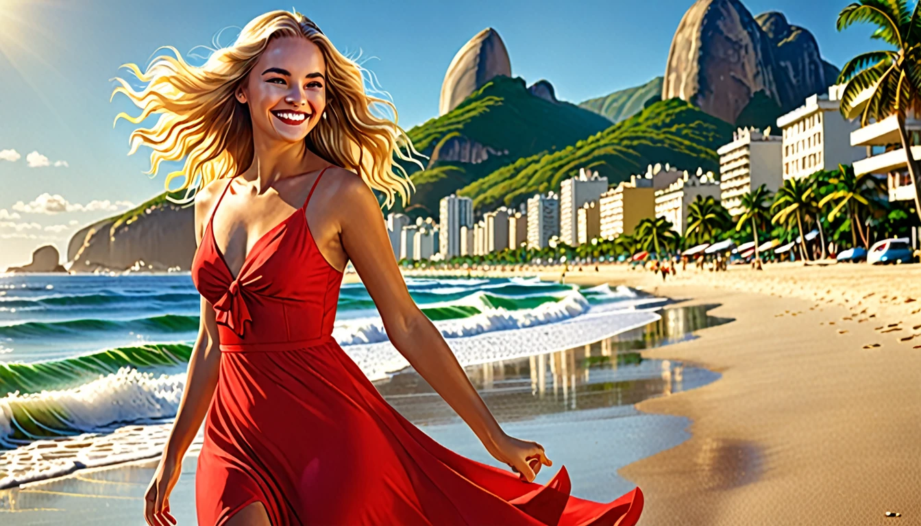 An enchanting cinematic illustration of a young woman, the "Girl from Ipanema," strolling along a sun-kissed Brazilian beach. With her golden skin, flowing blond hair, and radiant smile, she captivates the admiring gazes of all who pass by. She gracefully sways to the rhythm of the samba, her vibrant red dress twirling with every step. The background showcases the iconic Ipanema beach, with its colorful murals, palm trees, and azure waves crashing on the shore. The atmosphere is filled with the sounds of laughter and the scent of salt and coconut oil, creating a vivid and unforgettable scene., cinematic, photo, 3d render, illustration