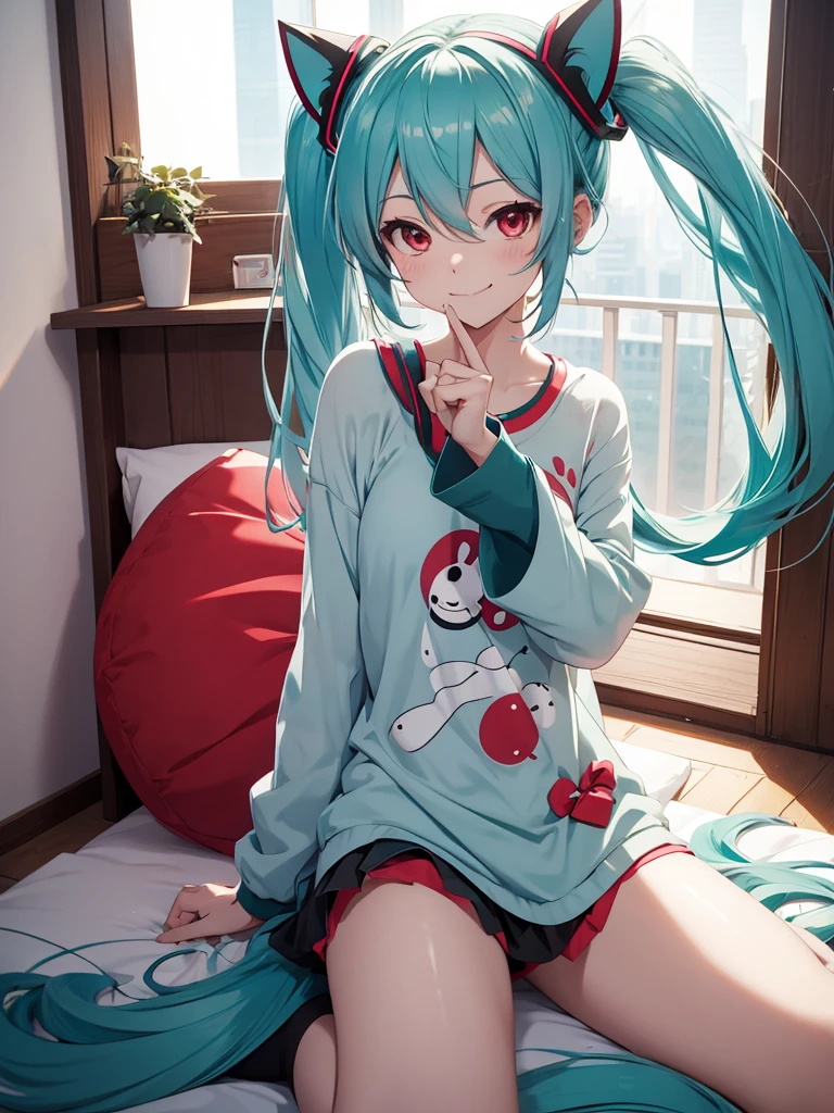 hatsune miku, wake up, pijama, red eyes