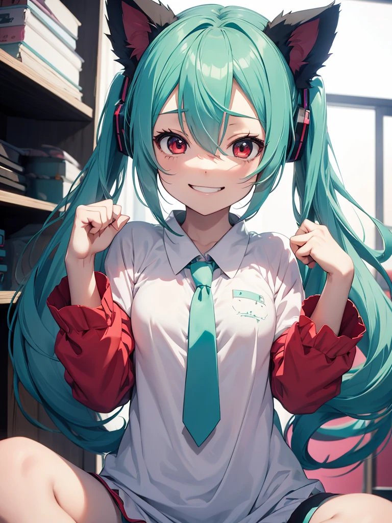 hatsune miku, pijama, red eyes, cat ears, smiling, kneling