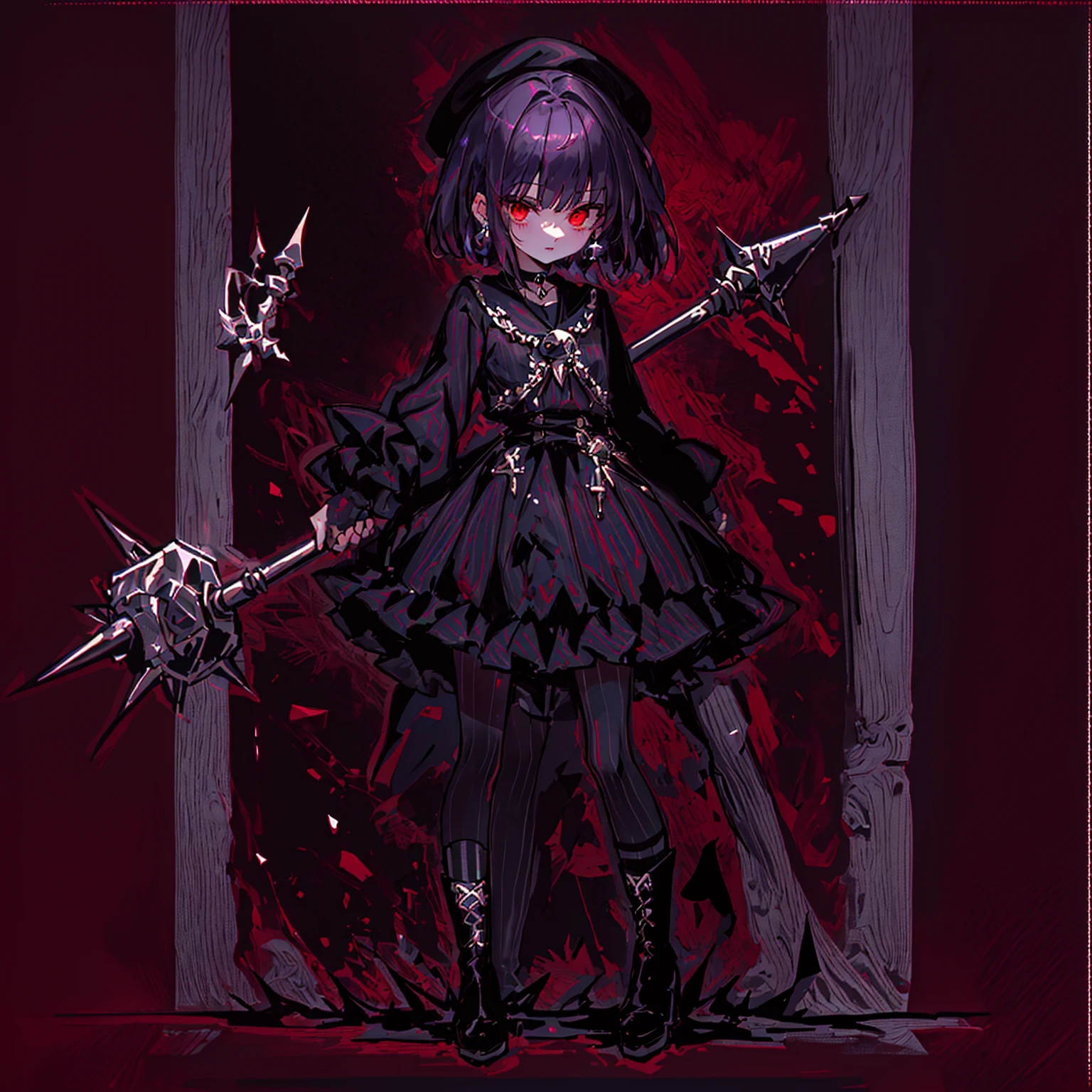 ultra detailed,best quality,game character, cool beauty, 1girl, solo,full body,standing,Low Angle,dynamic pose,character focus,simple background, {{yandere,short bob hair, deep purple hair, red eyes, closed mouth, jewelry, black beret,blue hydrangea corsage, earrings, choker, black Gothic punk Style,bell mini skirt, black and white striped over the knee socks, long black boots, holding a mjolnir hammer in both hands, standing ,100t hammer,huge tough hammer}},Crush the rock into small pieces and scatter the stone pieces,bell skirt
