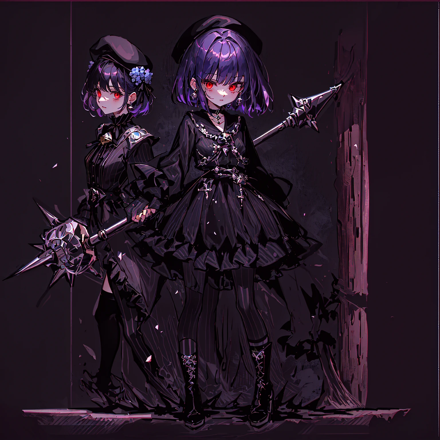 ultra detailed,best quality,game character, cool beauty, 1girl, solo,full body,standing,Low Angle,dynamic pose,character focus,simple background, {{yandere,short bob hair, deep purple hair, red eyes, closed mouth, jewelry, black beret,blue hydrangea corsage, earrings, choker, black Gothic punk Style,bell mini skirt, black and white striped over the knee socks, long black boots, holding a mjolnir hammer in both hands, standing ,100t hammer,huge tough hammer}},Crush the rock into small pieces and scatter the stone pieces,bell skirt
