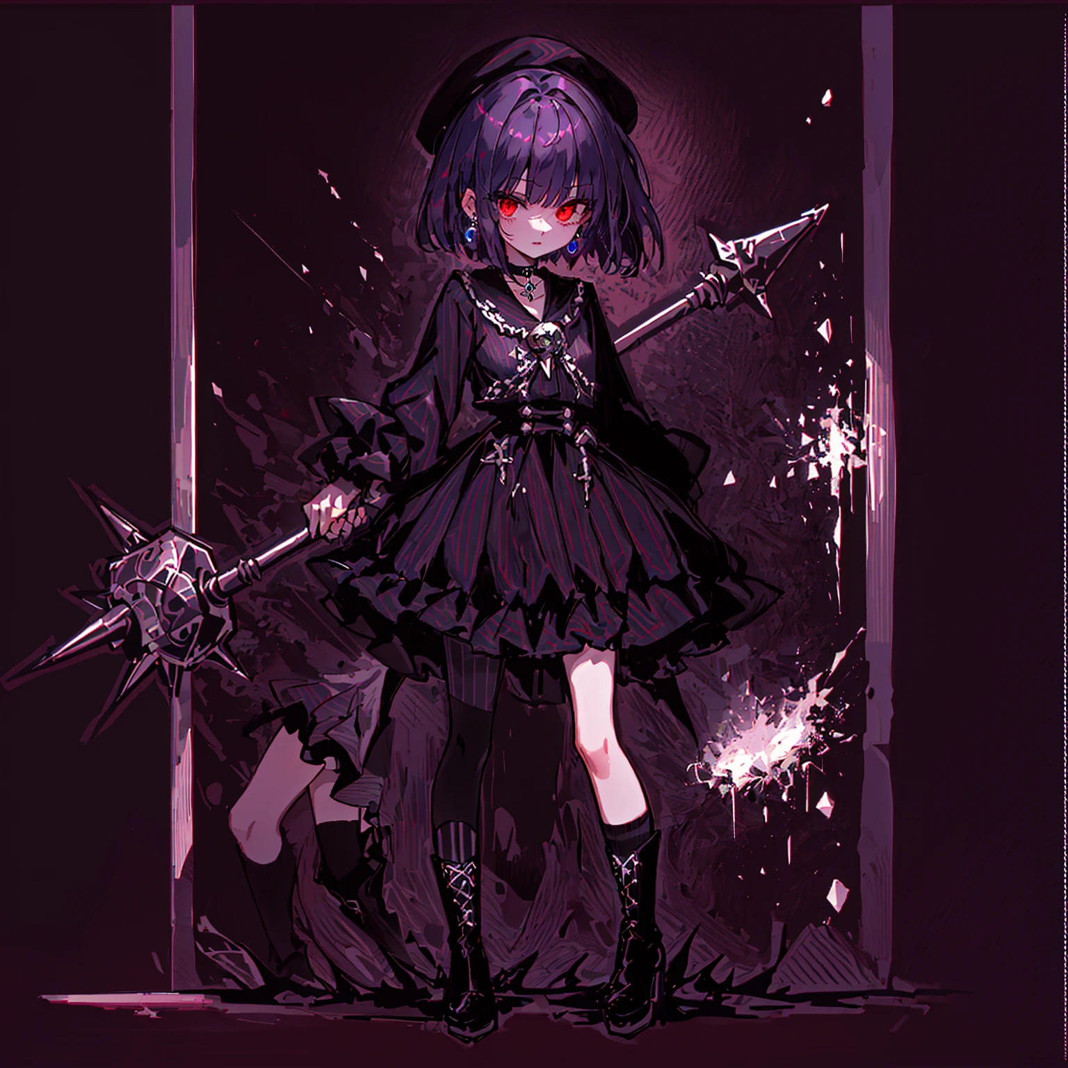 ultra detailed,best quality,game character, cool beauty, 1girl, solo,full body,standing,Low Angle,dynamic pose,character focus,simple background, {{yandere,short bob hair, deep purple hair, red eyes, closed mouth, jewelry, black beret,blue hydrangea corsage, earrings, choker, black Gothic punk Style,bell mini skirt, black and white striped over the knee socks, long black boots, holding a mjolnir hammer in both hands, standing ,100t hammer,huge tough hammer}},Crush the rock into small pieces and scatter the stone pieces,bell skirt
