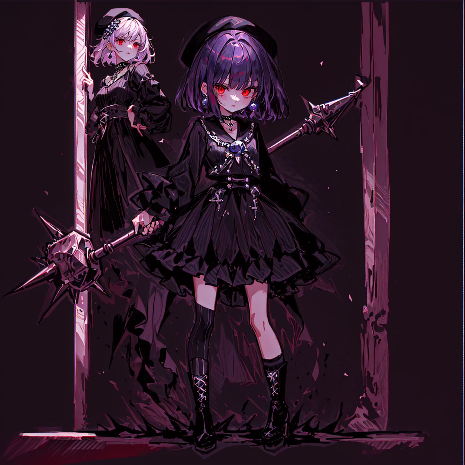 ultra detailed,best quality,game character, cool beauty, 1girl, solo,full body,standing,Low Angle,dynamic pose,character focus,simple background, {{yandere,short bob hair, deep purple hair, red eyes, closed mouth, jewelry, black beret,blue hydrangea corsage, earrings, choker, black Gothic punk Style,bell mini skirt, black and white striped over the knee socks, long black boots, holding a mjolnir hammer in both hands, standing ,100t hammer,huge tough hammer}},Crush the rock into small pieces and scatter the stone pieces,bell skirt
