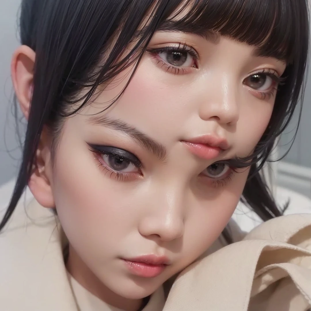 a close up of a woman with a red lipstick and a black shirt, kiko mizuhara, sui ishida with black hair, fubuki, a young asian woman, young cute wan asian face, paru itagaki, black bob hair, girl with black hair, black bob cut hair, young asian girl, eiko ishioka, lulu chen, phone screen size, 16:9, masterpeace, pro, photography, real, mobile phone screen, wearing black hijab, dark silhouette