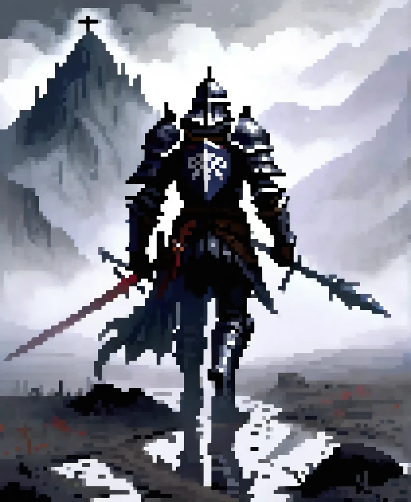 In the midst of a fog-laden battlefield, a valiant gothic black knight clad in battered armor crawls painfully through the mud, arrows protruding from his back. The looming silhouette of a foreboding mountain stands in the distance, shrouded in mist and mystery, offering a glimmer of hope amidst the chaos and despair.
