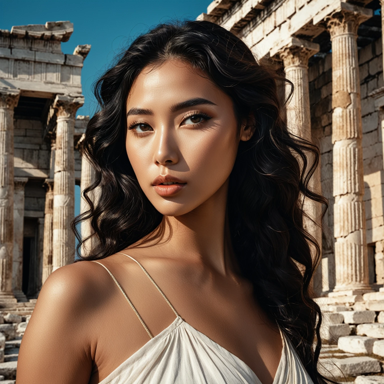 Photo in the style of: lee jeffries nikon d850 film 4 kodak portra 400 camera f1.6 lens, rich colors, hyper realistic, lifelike texture, dramatic lighting, cinestill 800 tungsten,
(RAW photo, nikon, 8k, Super detailed, advanced details, intricate details, Super detailed), (award winning photo, masterpiece), (photo-realistic)
a half-asian, asian-european, woman with black wavy hair in the style of a greek godess. bronze skin. aphrodite, goddess, divine aura
A photo composed in the style of a pre-raphelite painting
Background: High contrast, in the ruins of a greek temple, on an island,