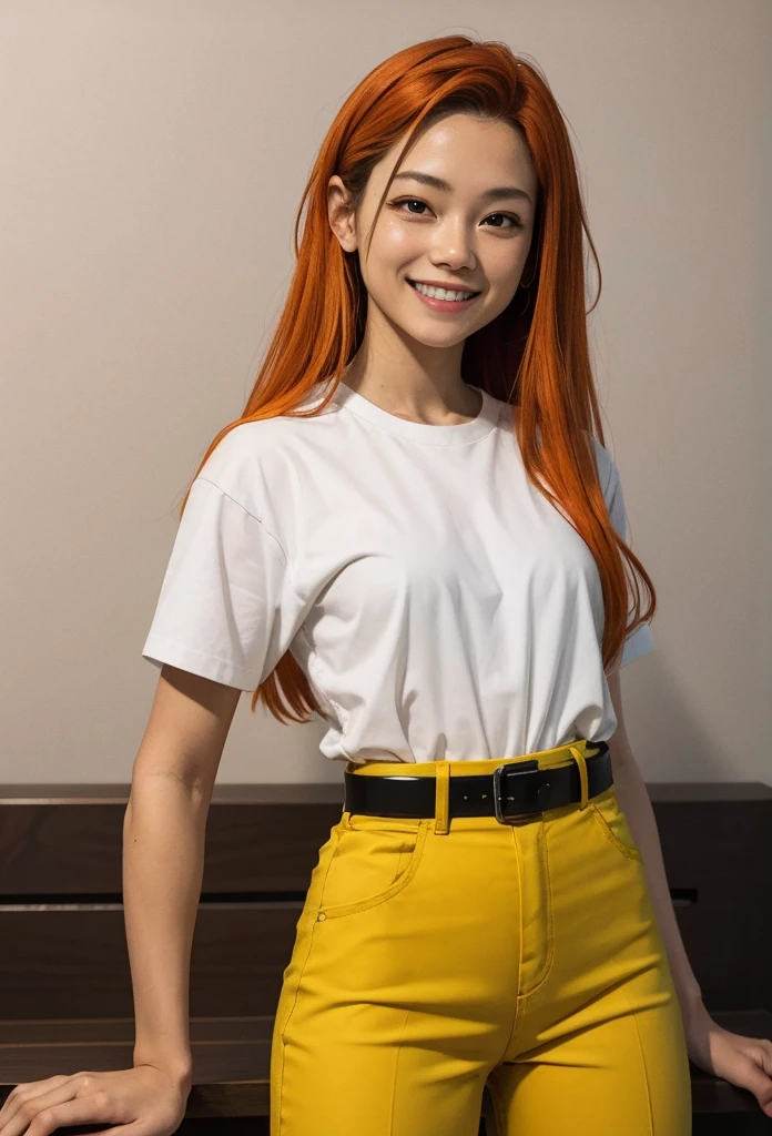 1girl, solo,smile,orange hair,long hair,black eyes,white shirt,belt yellow pants,looking at viewer