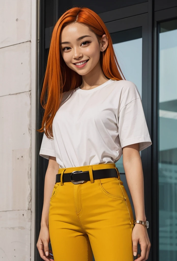 1girl, solo,smile,orange hair,long hair,black eyes,white shirt,belt yellow pants,looking at viewer