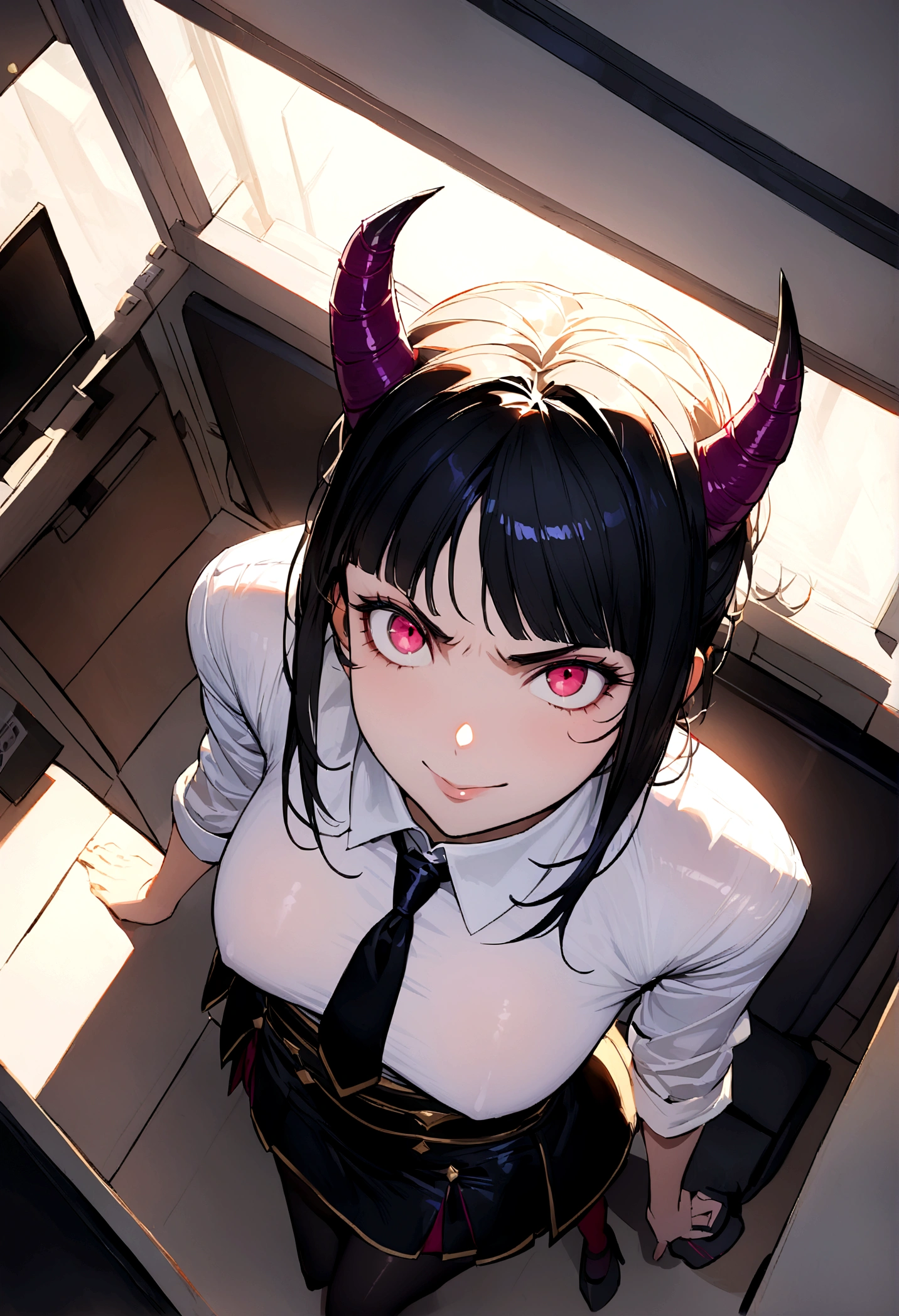juri han, work of art, tight white secretary shirt with black tie, black high waist skirt, short skirt,stocking, black hair, black tights, smile,office,bangs on the eyes,lighting,horn of hair,view from above,staring overhead,brava,Angry