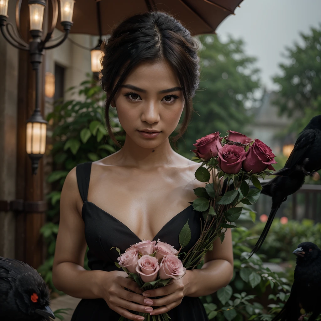 unreal engine:1.4,UHD,The best quality:1.4, photorealistic:1.4, skin texture:1.4, Masterpiece:1.8,An incredibly detailed macro woman beauty photo of an Asian malay model, Hands holding a bouquet of pink roses, surrounded by terrifying crows from hell. raindrops:1.4 ,Shot with a Hasselblad medium format camera with a 100mm lens. Unmistakable for a photograph. cinematic lighting.