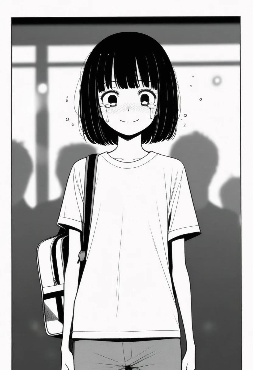 masterpiece, best quality, 1girl, mamerakkkkko, grayscale, manga style, japanese, chi no wadachi, black eyes, street, iced, black hair, schoolbag, smile, lineart, white background, white shirt, grey shorts, centered, 18 years old, tall, fair skinned, bokeh background, crying, tears, straight-on, tears streaming, bob cut