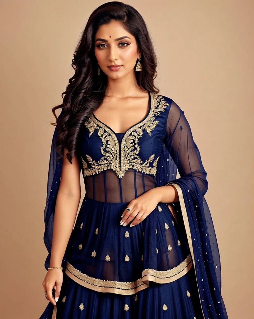 professional portrait photo, fully dressed, beautiful, 25-year-old, wearing intricate Sharara Suit, flat matte background, desi