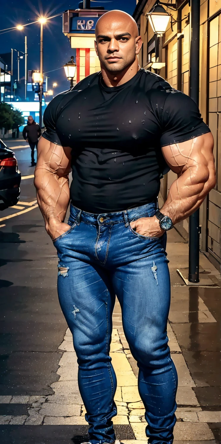 (sharp focus: 1.3), (ultra detailed),(intricate details), ((Best quality, 8k, Masterpiece :1.3)), (shiny skin:1.0), (oil skin:1.4), (masterpiece, best quality, highres, high resolution:1.2), (full body portrait:1.5), 1man, 1boy, an exaggeratedly muscular and large bald bodyguard, mixed race, ((bald head)), (exposed pecs: 1.4), (bara pecs: 1.4), portrait HD, night club with pink lights, wearing (black sport denim jeans) with (massive bulge:1.0), (upper body naked), wet body,
