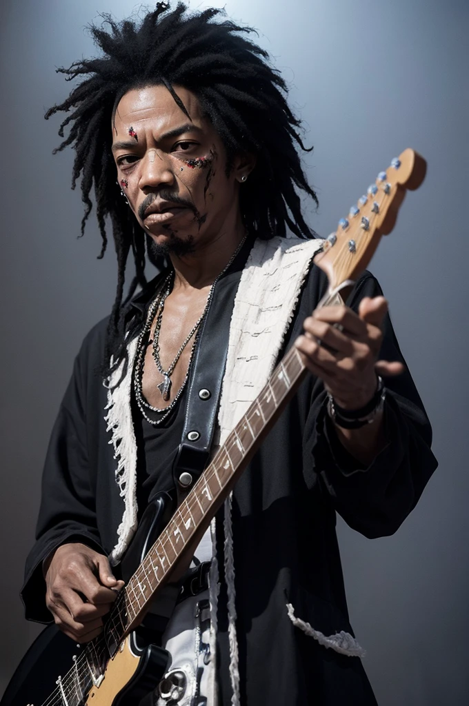 Very dark Jimmy Hendrix covered in black mist and with a deformed and ghostly appearance due to drug use and drinking. like a Halloween stunt. He's sad and dejected.