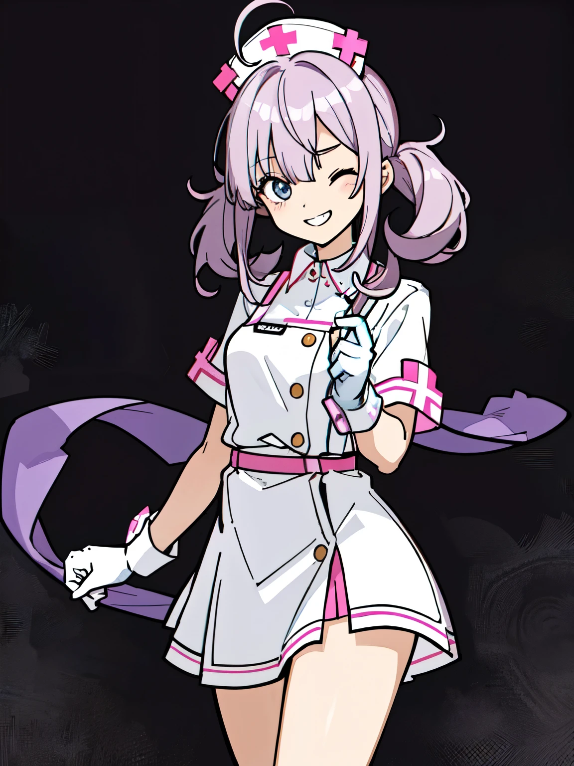 best quality, masterpiece, 1 girl, (silhouette lighting:1.2), (cowboy shot:1.3), one eye closed, grin, white nurse costume, origen, neogen, (skirtlift:1.2), hospital, operating room